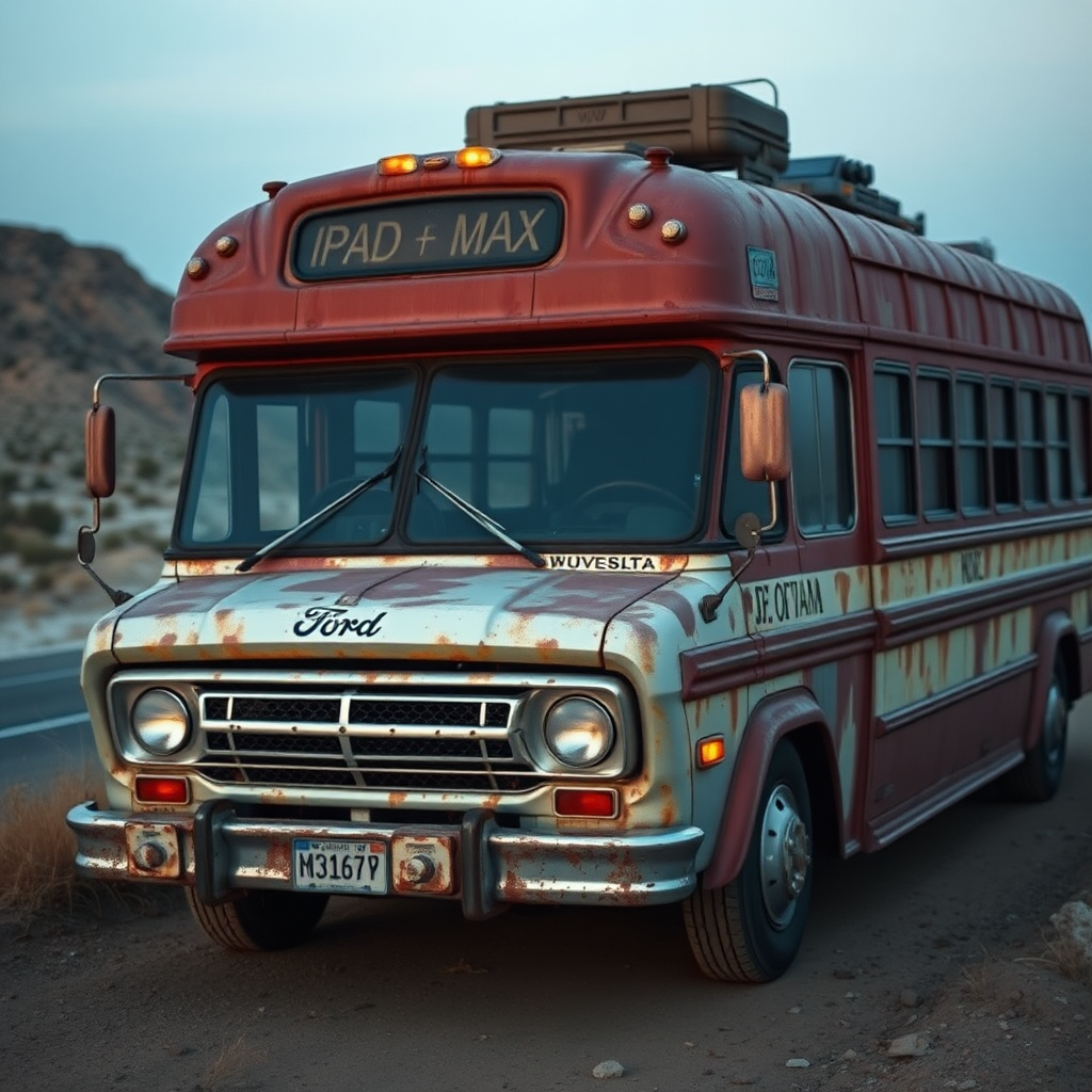 ford falcon mad max apokiptik night dust rusty the bus is parked on the side of the road, inspired by Taiyō Matsumoto, tumblr, restomod, nd4, c4