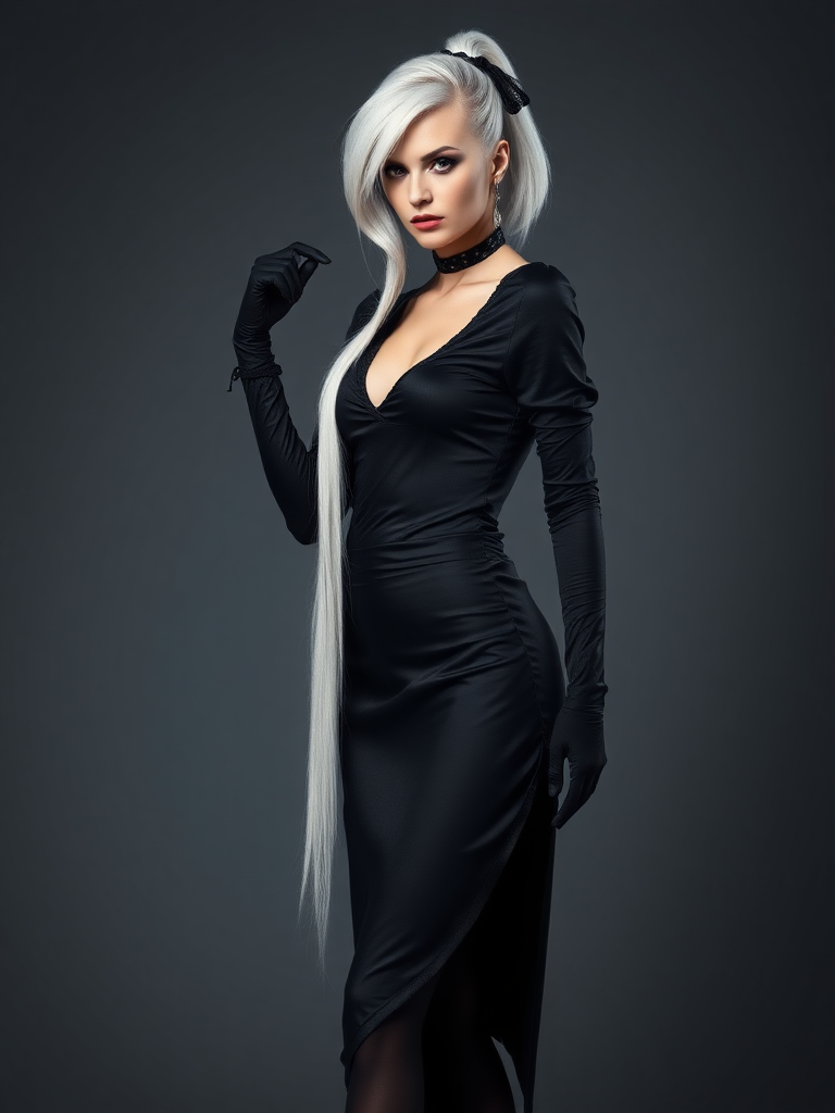 mature adult woman, skinny and tall, long legs, large shoulders, teardrop saggy small breast, long asymmetric undercut layered white hair, side swept bang, long white ponytail tied with a black lace, beautiful detailed face, piercing red eyes with intricate iris details, looking at the camera with a serious expression, wearing gothic style, black silk long sleeve top, black silk long skirt, black pantyhose, black gloves, black ankle boots, standing in a fierce pose with her head held high