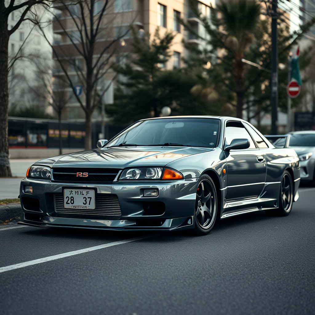 The car is parked on the side of the road, inspired by Taiyō Matsumoto, tumblr, restomod, nd4, c4 metallic shine gray black nissan skyline r34 kalabalik tokyo gece arkaplan