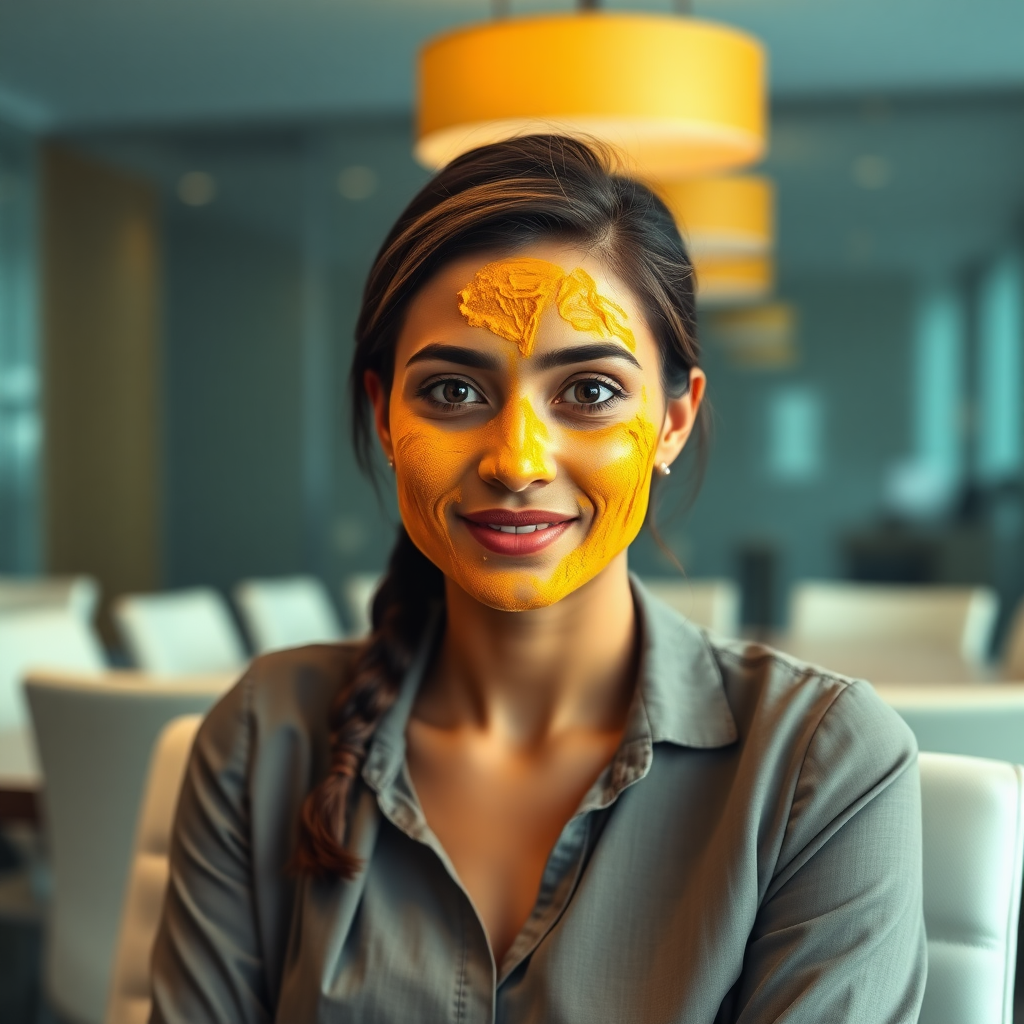 slim, 30 year old, office secretary, turmeric paste on her face. she is sitting in a conference room.