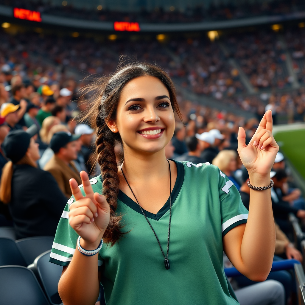 Attractive female NFL fan, cheering, pigtail hair, at crowded stadium bleacher row