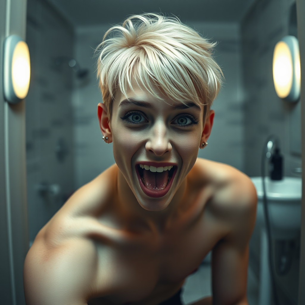 photorealistic, ultra high resolution, 16K, surreal fantasy, studio lighting, a pretty 16 year old goth boy, slim male physique, short blonde hair, goth makeup, earrings, pantyhose, white ballet shoes, in the bathroom, excited smile, facing the camera, drooling from his mouth