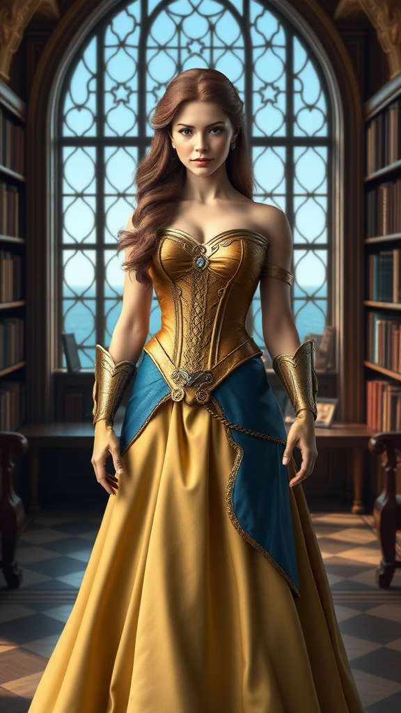 Create a hyper-realistic image of Belle from Beauty and the Beast with a modified body type resembling Aquaman's muscular physique. Maintain Belle's original head and facial features intact, but transform her figure to be more athletic and powerful. Dress her in an outfit that blends elements from both characters, suitable for her new form. Set the scene in a grand library with large windows overlooking the sea, combining Belle's love for books with Aquaman's aquatic realm. Ensure the lighting and details are vivid and lifelike.