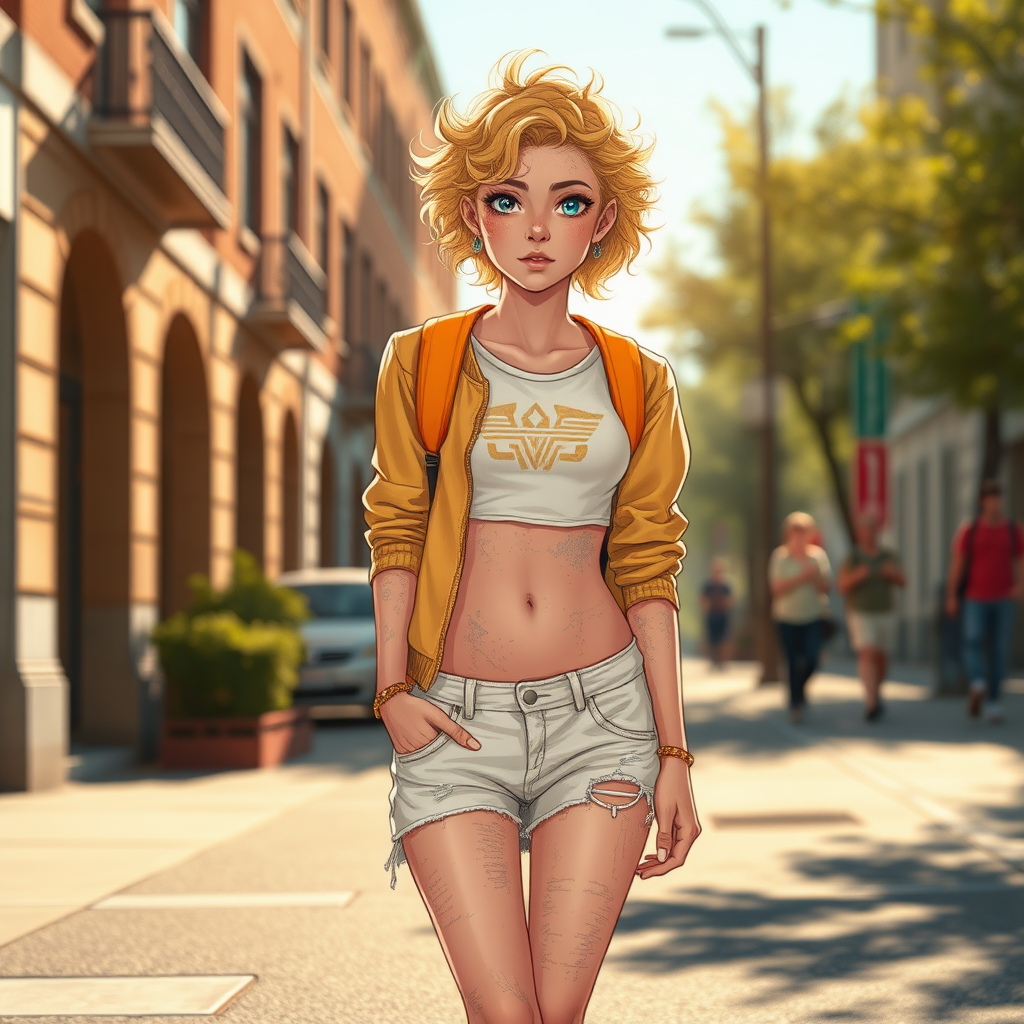 Ultra Realistic taken photo style image, Extremely good quality 8k resolution drawn manga image of a 15 year old petite and short tomboy girl with golden blonde curly hair with mixed and different colored eyes for each eye and moles on her entire body and is a white American girl, Has on a Gold Jacket over a white extremely short crop top only covering her breasts and nothing more with a design on it, and has on ripped shorts and cool looking sneakers and a deep and big cut type scar on her stomach from a huge injury she had, with a bright color backpack, ear piercings on, walking on the street to school in the morning with the beautiful sunlight lighting up her body beautifully.