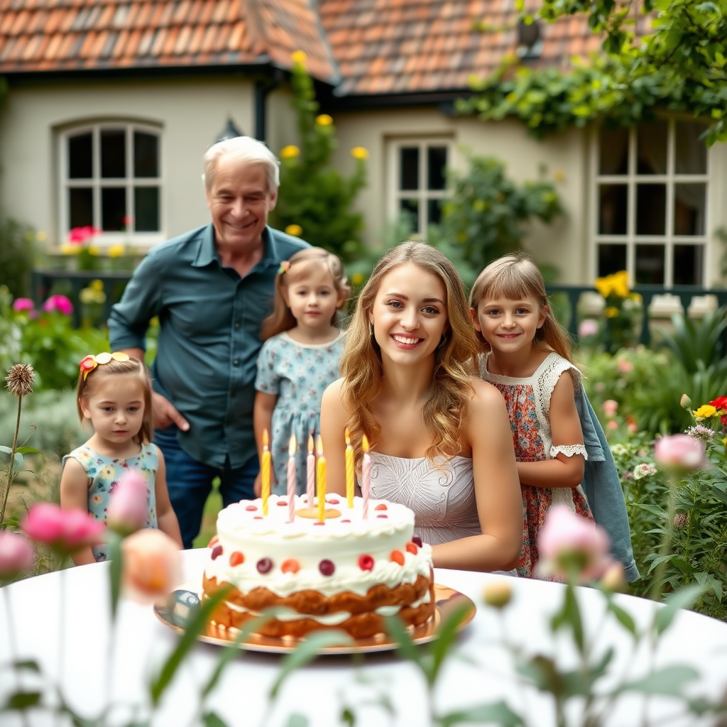 A pretty young lady is sitting in an English country garden, she is sitting at a table with a birthday cake on it, and her family happily standing around to celebrate her special day.