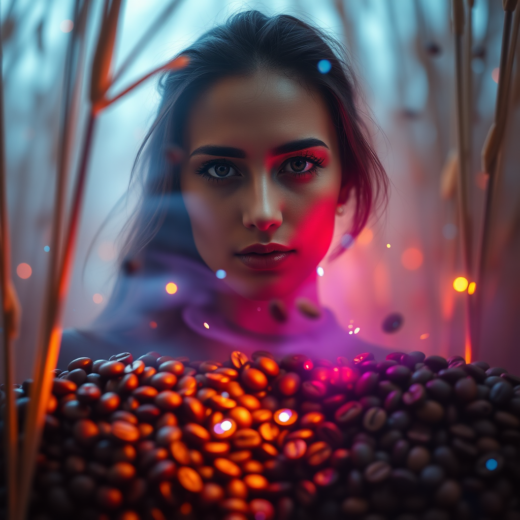 500px, hasselblad, cinematic, super quality, high resolution, crazy detail, complex, very sharp, brenizer method, her striking features are beautifully illuminated, enhancing the transcendent and serene atmosphere. The entire scene is bathed in soft, gentle light, and the mysterious appearance creates a dreamy, serene environment.

Coffee beans fall from above and pile up underneath, creating a photo with a brown, roasted coffee flavor.

Dreamlike light sparkles between the tall reeds, illuminated by the blue light of the moon surrounding the beans. Featuring an abstract composition focused on light and color refraction, it creates colorful, prismatic effects and dynamic, multifaceted shapes, colorful lights, sparkling fog, abstract patterns, mysterious atmosphere, surreal nature, spiritual beauty, and dynamic contrasts.