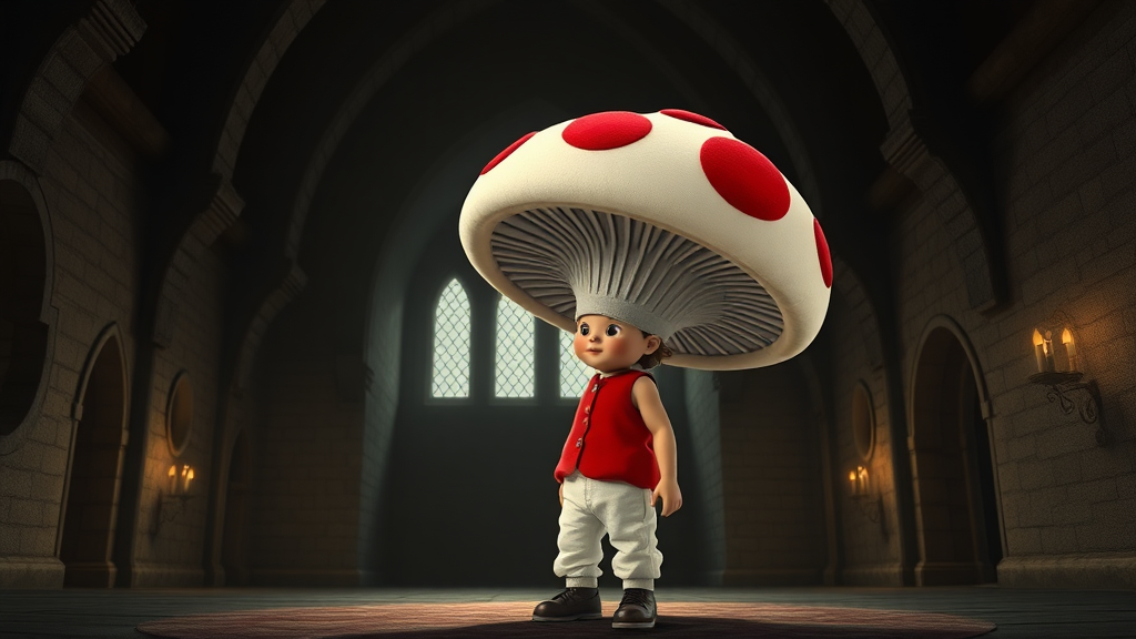 Interior. Dimly lit castle. A little person with white pants, red vest, and large mushroom-shaped hat that is white with large red spots.