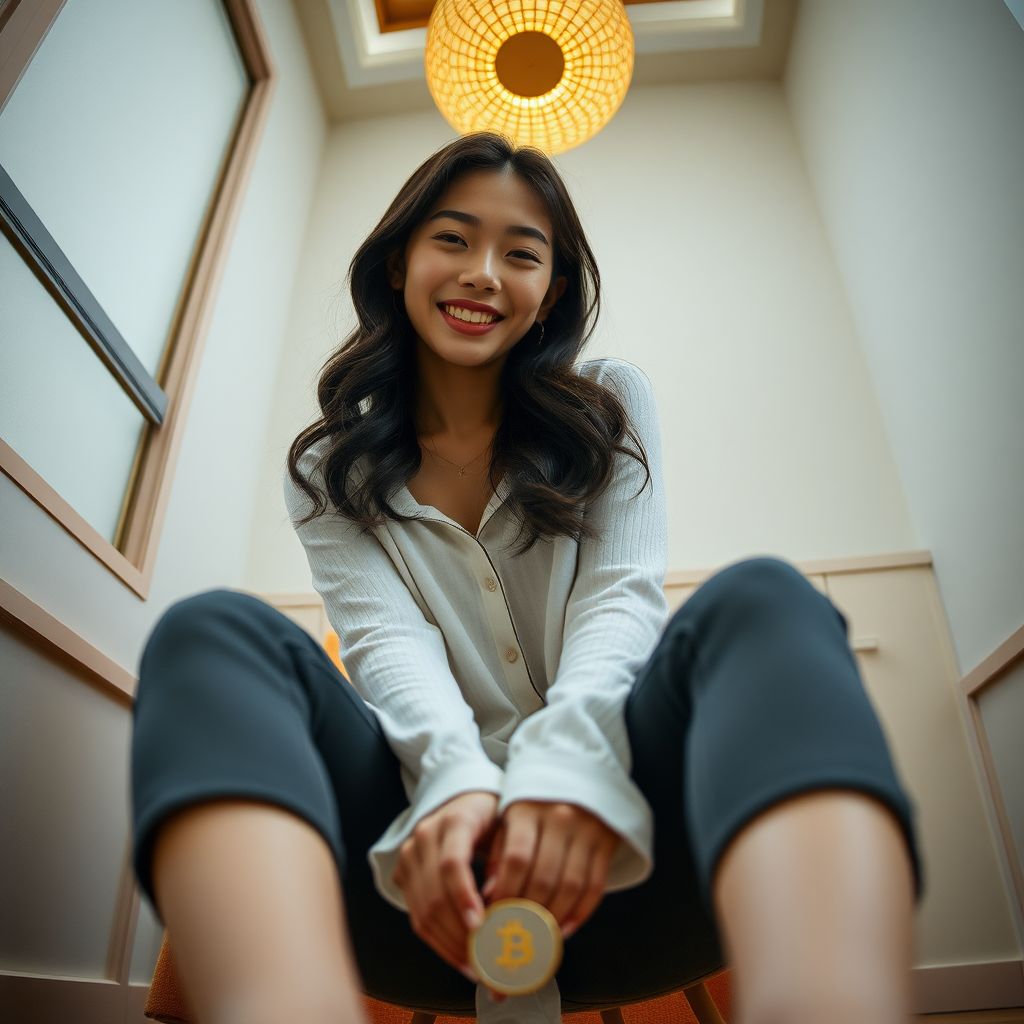 photo low angle full body shot beautiful xiaomeimei looking down. She is sitting on a chair. she is grinning. there is a coin on the floor in front of her