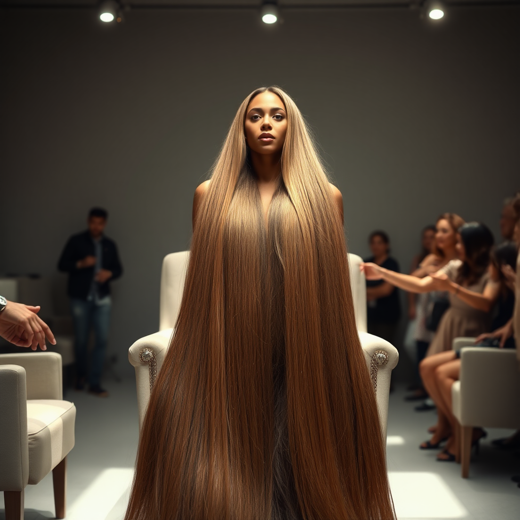 In an elegant, sunlit salon, adorned with soft, minimalistic decor, the stunning Beyoncé sits gracefully in a plush chair, her incredibly long, luxurious hair cascading like a flowing waterfall of silk down her shoulders and past her waist. The gentle glow of overhead lights highlights the rich, deep hues of her hair, each strand reflecting the brilliance of the space around her.

As an interactive long hair fetish performance art exhibit unfolds, curious visitors gather around, their eyes alight with fascination and excitement. Some eagerly reach out, gently grasping her hair between their fingers, feeling the smooth texture slip through their hands, while others playfully tug at it, testing the boundaries of their interactions. Each movement is accompanied by a symphony of soft gasps and murmurs of appreciation, enhancing the atmosphere of intimacy and connection.

The background is a simple, unobtrusive gray, allowing the artistry of the moment to take center stage. The air is charged with a sense of wonder and exploration, as visitors not only admire Beyoncé's hair but also engage in this tactile experience, deepening their understanding of the artistry behind her presence. Her expression is a mixture of serenity and playful engagement, reflecting her comfort and trust in this unique performance, ultimately creating a captivating scene where art and audience intertwine seamlessly.