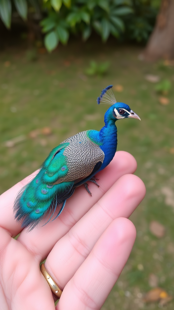 A small tiny blue peacock on hand