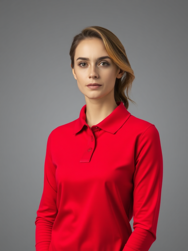 A woman wearing a red long-sleeved polo shirt. full body, front view, looking at viewer.