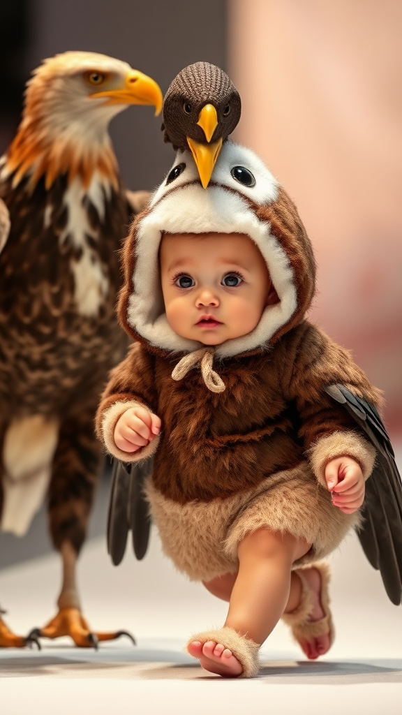 A cute small chubby fair baby with big eyes, pink lips, and pink cheeks, wearing a furry cozy eagle costume, doing a ramp walk in a fashion show, walking beside a real eagle, with a cinematic eagle sitting on the baby's head.