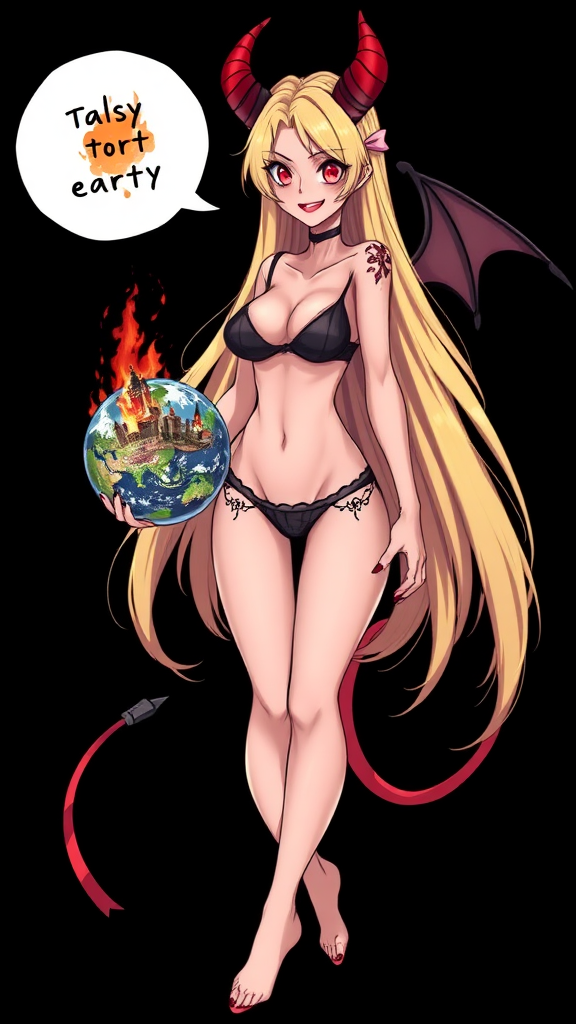 Anime, Black background, A mischievous tall-slender demon girl, perfect, red lips, long blond hair, wearing sexy-micro bikini-bra-like clothing, g-string, Womb tattoo on belly, mischievous smile, large breast, full body, long-legs, looking at viewer, speech bubble with a burning-city, holding the earth