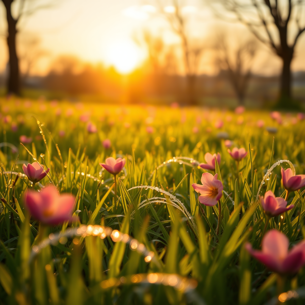 A BEAUTIFUL SPRING LANDSCAPE AT SUNRISE WITH THE IMAGE OF CLOTHES, THE FLOWERS IN THE GRASS AND WITH WAVES OF MORNING DEW.