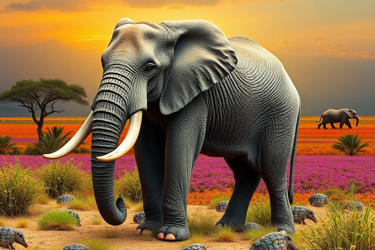 Generate a full-length photorealistic image of an elephant featuring the musculature and framework of a mouse, while keeping its head intact complete with distinct facial features. The skin retains its elephantine texture, complemented by soft fur similar to a mouse. The background blends elements from both animals' habitats, showcasing a mix of savannah and vibrant fields. Include plants characteristic of each environment, ensuring a harmonious and imaginative scene that captures the essence of both creatures while highlighting their unique characteristics in a surreal setting.