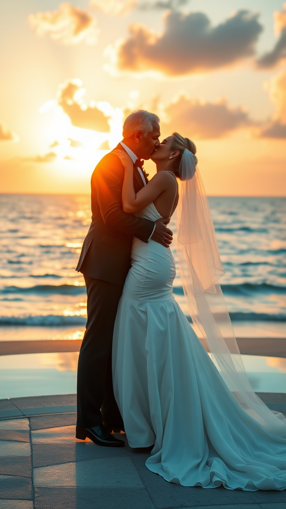 In the background, Sofia Loren and Morgan Freeman elegantly dressed, she heels and he patent leather shoes, he passionately kisses the bride, in the background the sea with a beautiful beach, sunset sky with the sun's rays with clouds. 16K ultra-high definition.