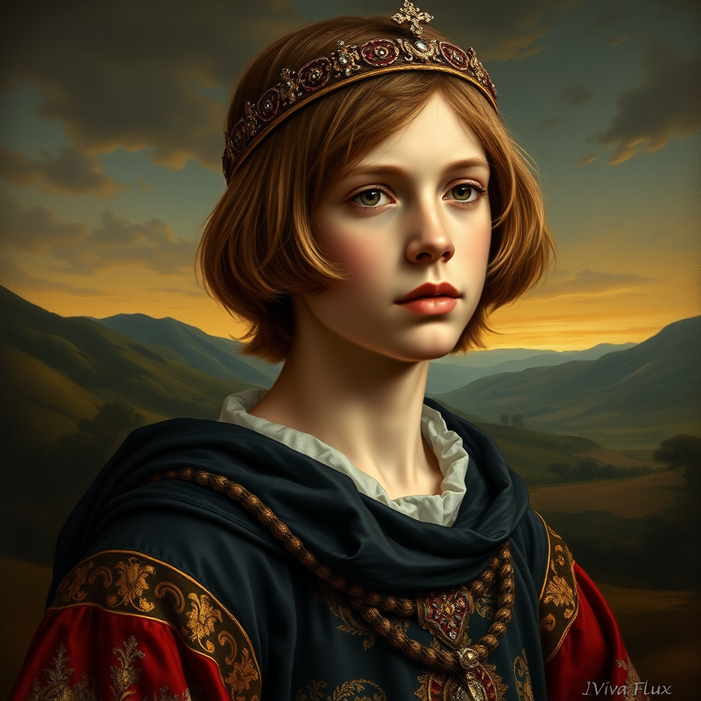 16yo teen boy prince, long bob cut, embroidered with gold and diamonds medieval cloths, diamond diadem, and Beautiful War. Free style  by 75% Adolphe William Bouguereau, Academic realism and 25% Sandro Botticelli, early Renaissance. The background is in the style of landscape style by Antonio del Polaiolo,Generating the signature at the bottom : Viva FLUX and Bach, ultra high resolution, 16K,