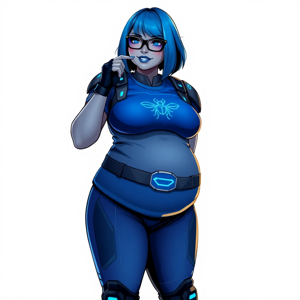 A 28-year-old, full-figured, middle gray skinned computer program hybrid with a maximum blue bob cut. She has a non-athletic build, highlighted by a prominent, round, large midsection (with heavy emphasis on her large belly). As the full-figured digital sidekick to her cyberpunk vigilante boyfriend, her middle gray metallic skin and maximum blue lipstick emphasize her digital nature. She wears a digital, computerized costume inspired by DC’s Carrie Kelly Robin, consisting of a huge, tight-fitting, maximum blue t-shirt with a neon blue glowing chest icon of a beetle, hi-tech shoulder pads with neon blue accents, a black hi-tech belt with a digital neon blue glowing buckle, digital maximum blue pants with neon blue accents, and black hi-tech fingerless biker gloves with neon blue glowing accents. Her bright blue eyes, black eyeglasses with a neon blue glowing HUD built into the lenses, and shy smile with neon red blush accentuate her nerdiness. She stands bashfully with one hand behind her back and the other hand gently touching her cheek, her costume covering all her skin and emphasizing her full-figured physique (especially her belly). She is clearly non-athletic, with a heavy focus on her large belly. Despite her build, she radiates beauty. She has a slim face compared to her physique, accentuating her radiant beauty. She is on a solid white background. She is drawn as if she were in a retro 2D cyberpunk fighting game.