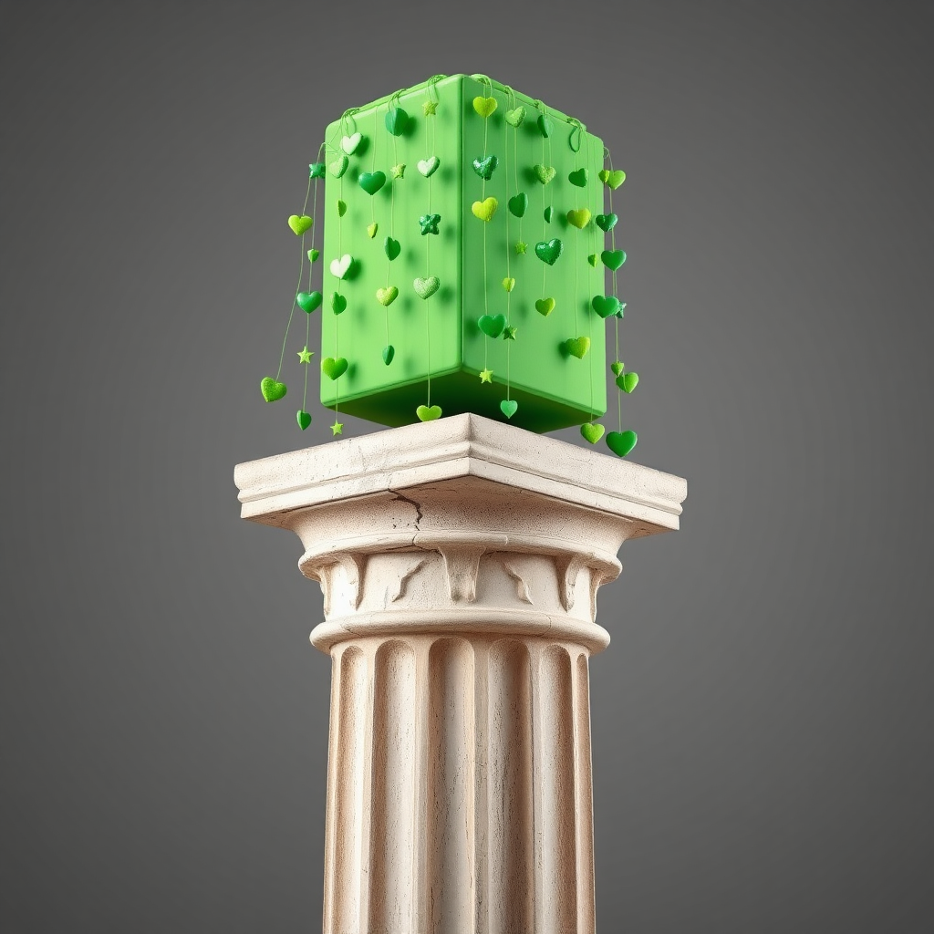 A photograph of an ancient Greek column with weathered, fluted details at the base. Atop the column is a normal green rectangular volume, designed as a funky art installation. Numerous quirky green objects, like small hearts, stars, and abstract shapes, hang from this rectangular volume, creating a playful and surreal effect. The installation contrasts the ancient stone with modern, minimalistic, and weird design elements.