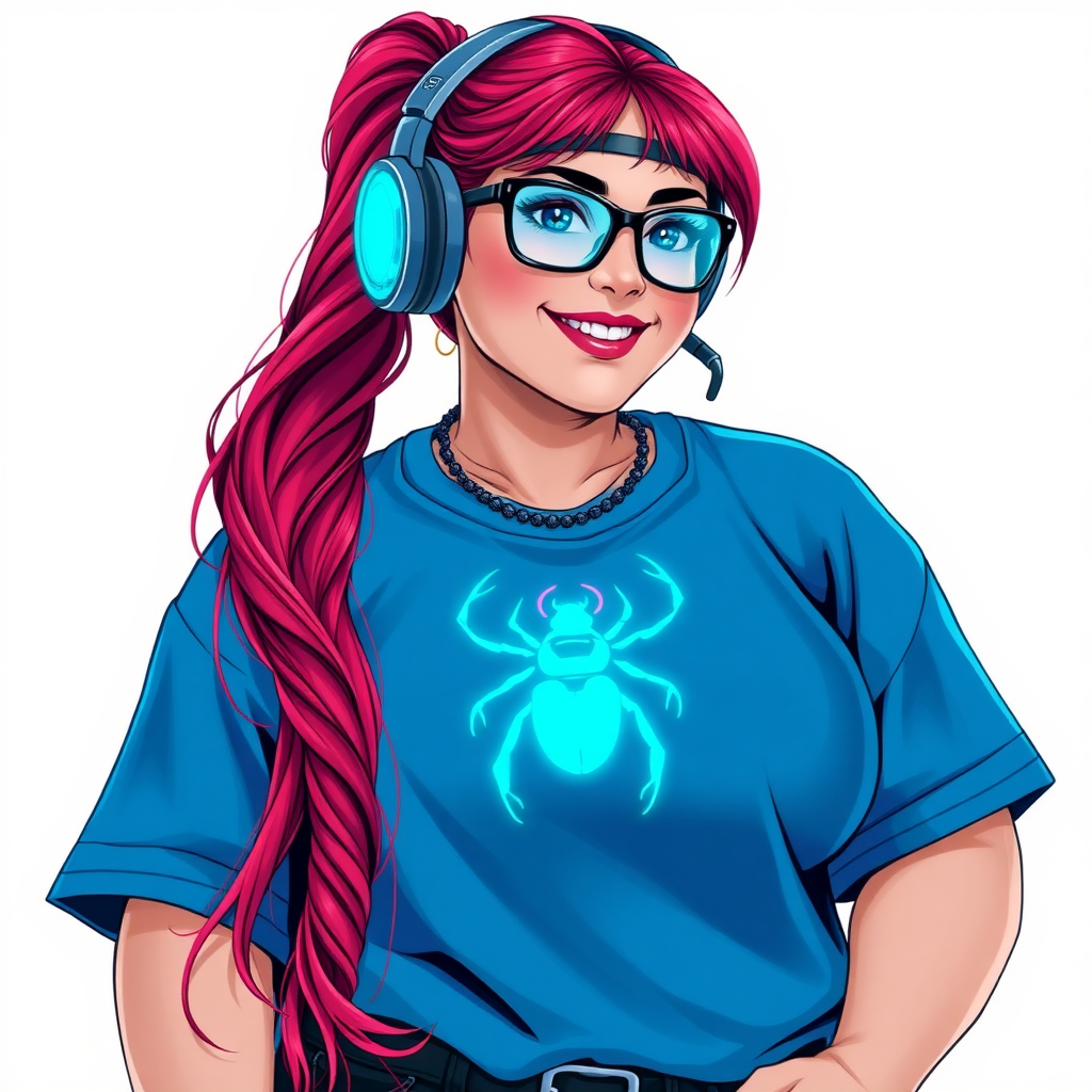 A cyberpunk vigilante’s full-figured intelligent and tech-savvy 29-year-old girlfriend, who is a computer hacker and tech genius. She has a long ruby red ponytail and bright blue eyes. She wears a sapphire beetle gemstone necklace, and an oversized maximum blue t-shirt featuring a neon blue glowing icon of a beetle on its chest. She has a full-figured physique with a prominent, gargantuan, round midsection, reflecting her well-cared-for lifestyle. She sports a sapphire headset with hi-tech maximum turquoise lensed HUD visor, black eyeglasses, and a beaming smile with a passionate bright red blush. Despite her figure and a lack of self-esteem, she radiates an air of beauty. She has a slim face which contributes to her radiant beauty. She serves as his tech expert from his hideout, diligently working at her lab table and computer desk. The background is solid white. She is drawn as if she was in a retro 2D cyberpunk fighting game.