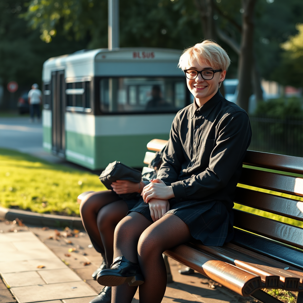 photorealistic, ultra high resolution, 16K, surreal fantasy, soft studio lighting, a pretty 18 year old goth male, slim male physique, short blonde hair, black glasses, goth makeup, earrings, shiny black pantyhose, UK girls-school uniform, Mary-Jane shoes, sitting on his boyfriend's lap on a bench waiting for the school bus, in daylight, excited smile, facing the camera.