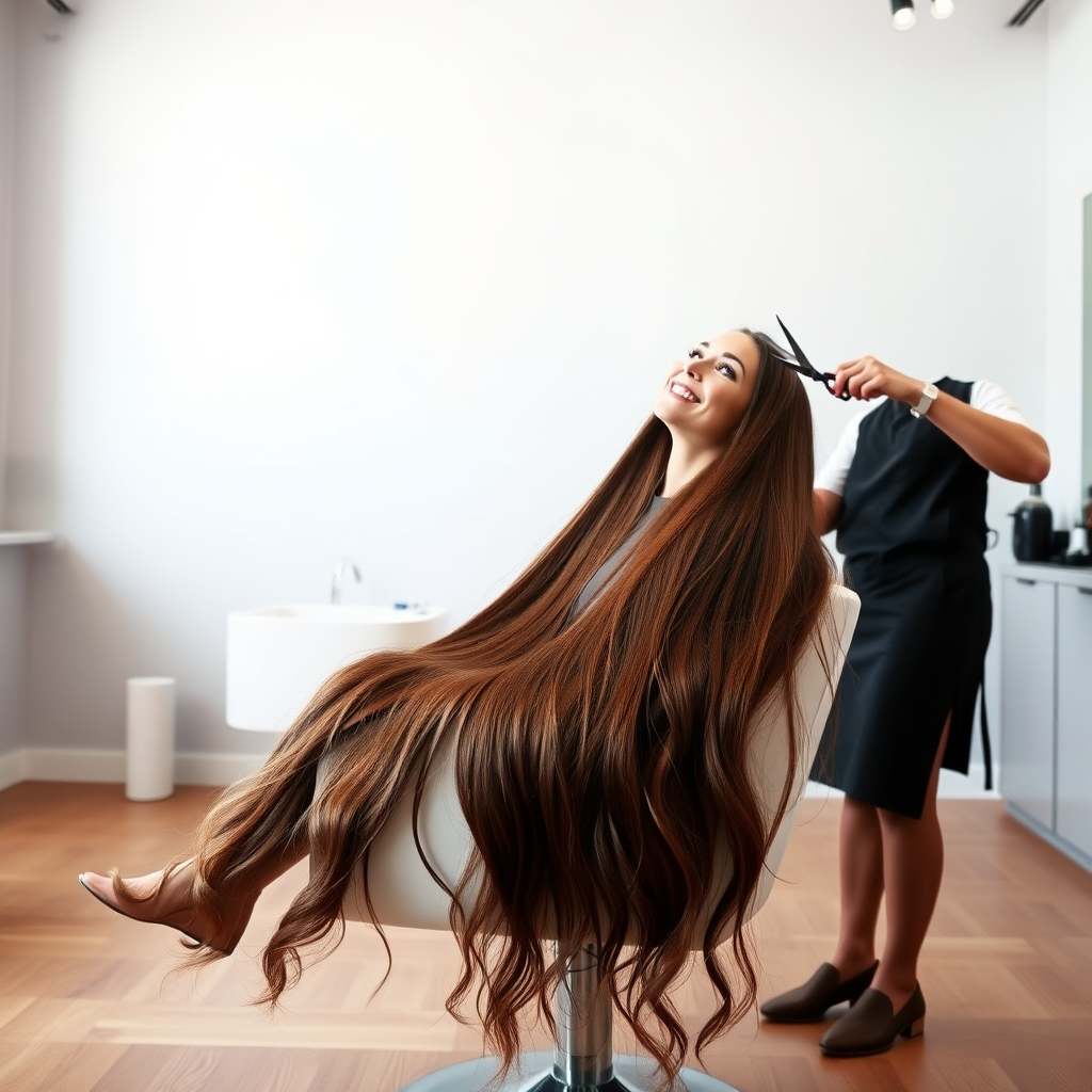 In a sleek, minimalist salon adorned with soft, muted tones and clean lines, a stunning woman sits gracefully in a plush white salon chair. Her hair, a cascade of shimmering, chestnut locks that flow to her waist, reflects the gentle overhead lighting, creating a halo effect around her. The atmosphere is calm and serene, enhanced by the subtle scent of lavender and freshly washed hair products lingering in the air.

As she leans back slightly, the skilled stylist, clad in a crisp black apron, methodically sections her hair, the scissors glinting in the soft light. Each precise snip resonates softly, a comforting rhythm in the otherwise quiet space. The woman’s deep emerald eyes are filled with anticipation, reflecting a mix of excitement and nervousness as she watches her long tresses fall gracefully to the polished oak floor, each lock a testament to change.

The plain light gray background serves as a soothing canvas, emphasizing the transformation taking place. The faint sound of gentle music plays in the background, mingling with the soft hum of salon equipment, creating an atmosphere of tranquility. As the stylist continues, a warm smile spreads across the woman's face, revealing a sense of liberation and renewal, embodying beauty and confidence in this peaceful haven of self-care.