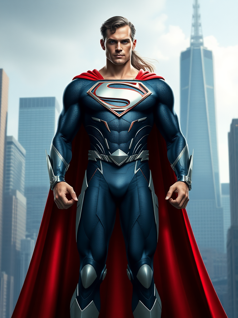 Generate a full-length image of Superman, but with the body attributes of Emma Frost from the X-Men. The character should largely maintain the iconic costume of Superman, but creatively incorporate embellishments and elements from Emma Frost’s characteristic attire that complement his look. Place this hybrid character in a background setting that is fitting for both Superman's Metropolis and Emma Frost's typical environments.