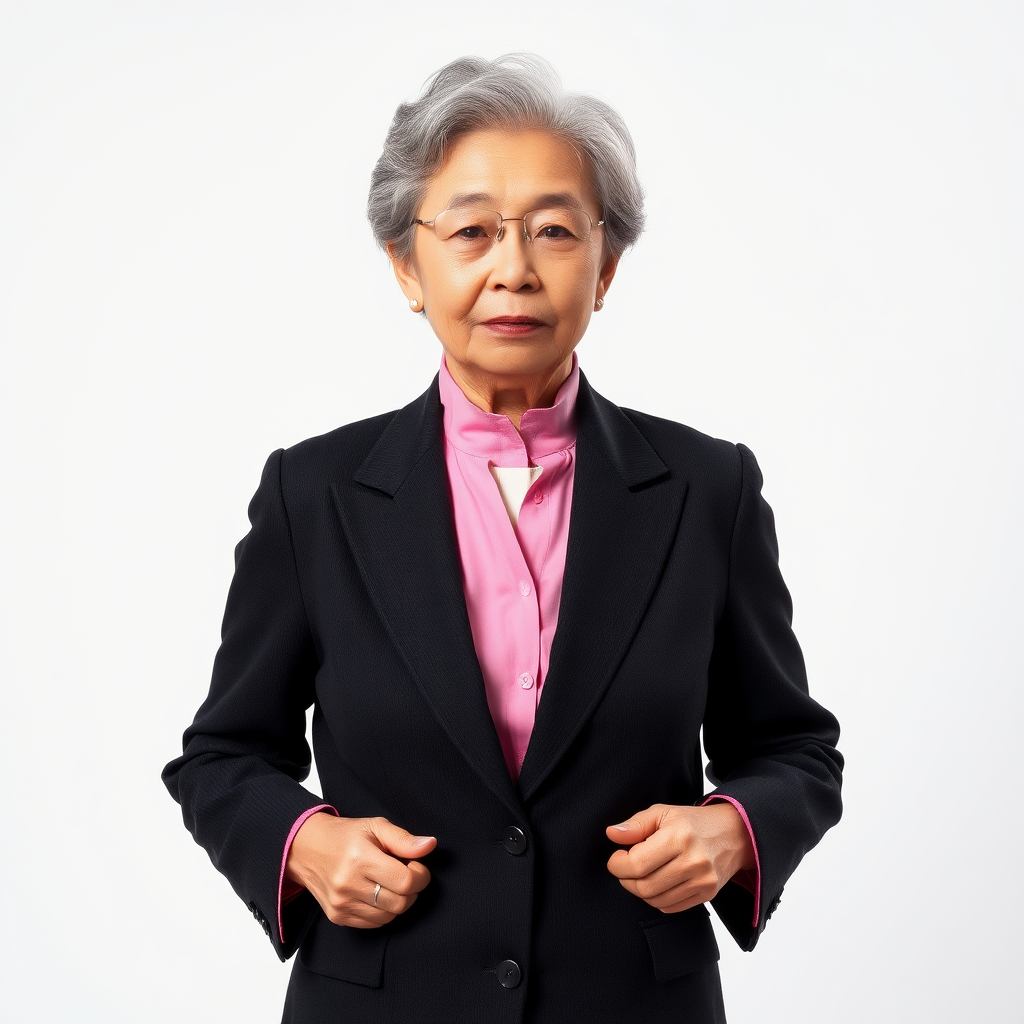 70 age old korean woman, front, woman suit, photo studio background