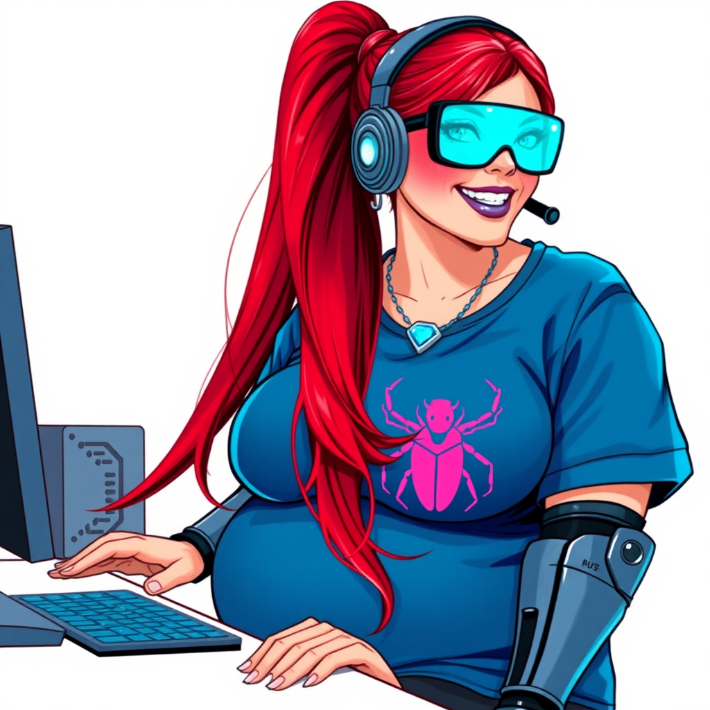 A cyberpunk vigilante’s full-figured intelligent and tech-savvy 29-year-old girlfriend, who is a computer hacker and tech genius. She has a long ruby red ponytail and bright blue eyes. She wears maximum blue lipstick, a sapphire beetle gemstone necklace, sapphire earrings, black eyeglasses, hi-tech metal arm armor, and an oversized maximum blue t-shirt featuring a neon blue glowing emblem of a beetle on its chest. She has a full-figured physique with a giant, round midsection, reflecting her well-cared-for lifestyle. She sports a sapphire headset with a hi-tech maximum turquoise lensed HUD, and a beaming smile with a passionate bright red blush. Despite her figure and a lack of self-esteem, she radiates beauty. She has a slim face which contributes to her radiant beauty. She serves as his tech expert from his hideout, diligently working at her lab table and computer desk. The background is solid white. She is drawn as if she was in a retro 2D cyberpunk fighting game.