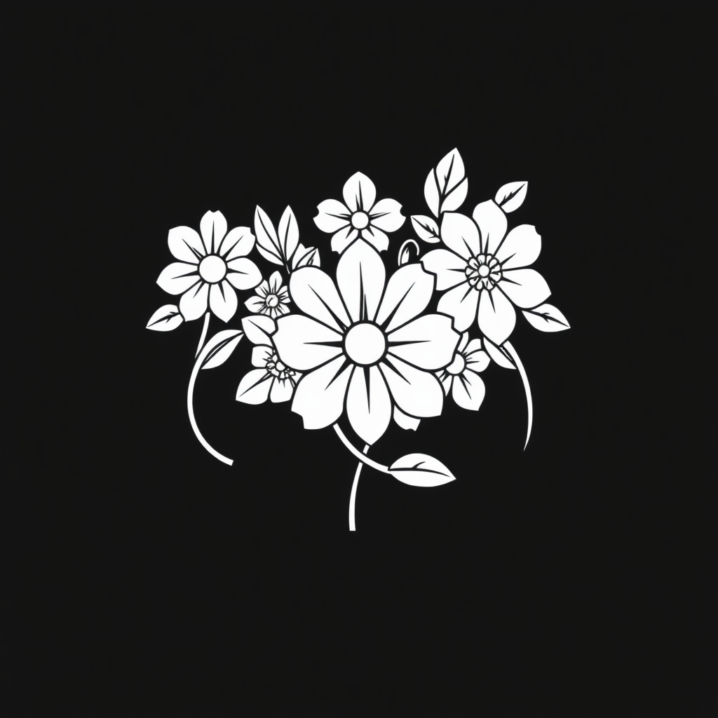 a black on white, line design depicting surgical and floral iconography