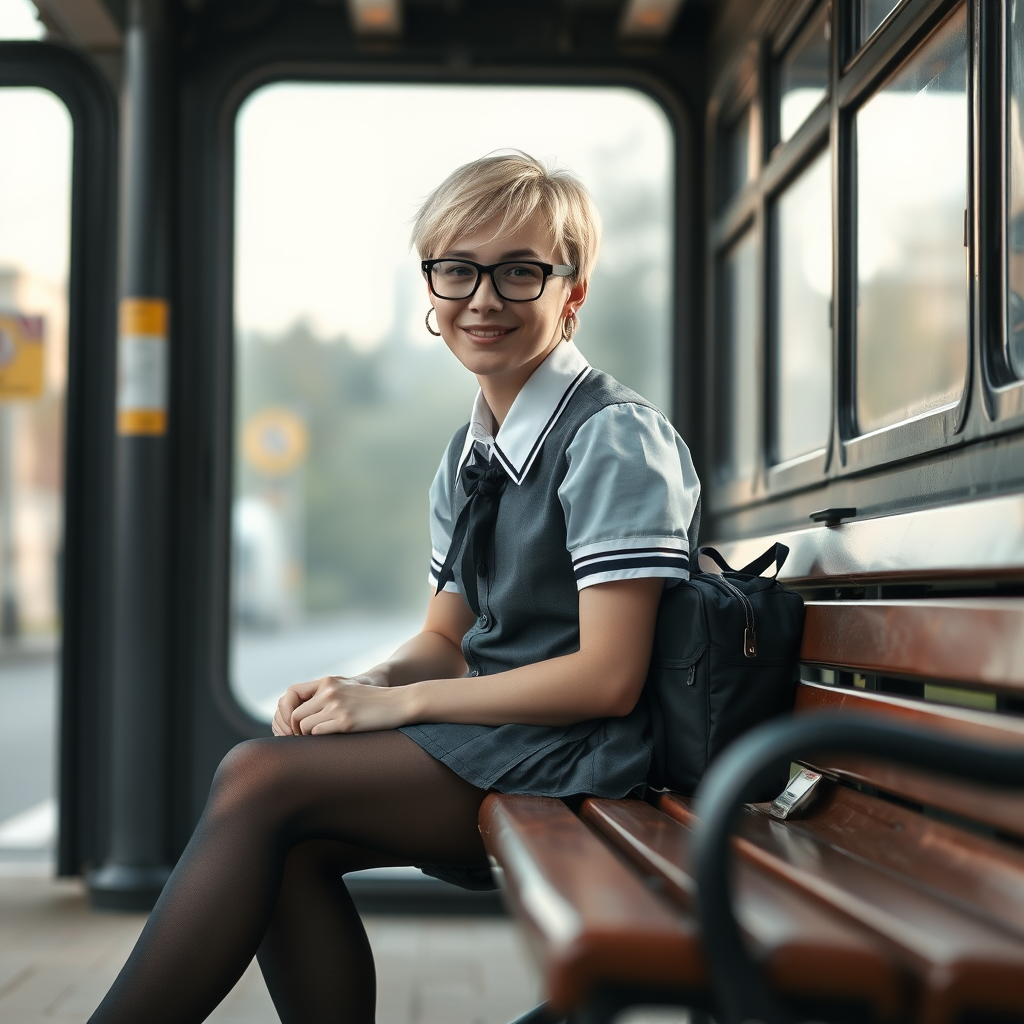 photorealistic, ultra high resolution, 16K, surreal fantasy, soft studio lighting, a pretty 18 year old goth male, slim male physique, short blonde hair, black glasses, goth makeup, earrings, shiny black pantyhose, UK girls-school uniform, Mary-Jane shoes, sitting on his boyfriend's lap on a bench waiting for the school bus, in daylight, excited smile, facing the camera.