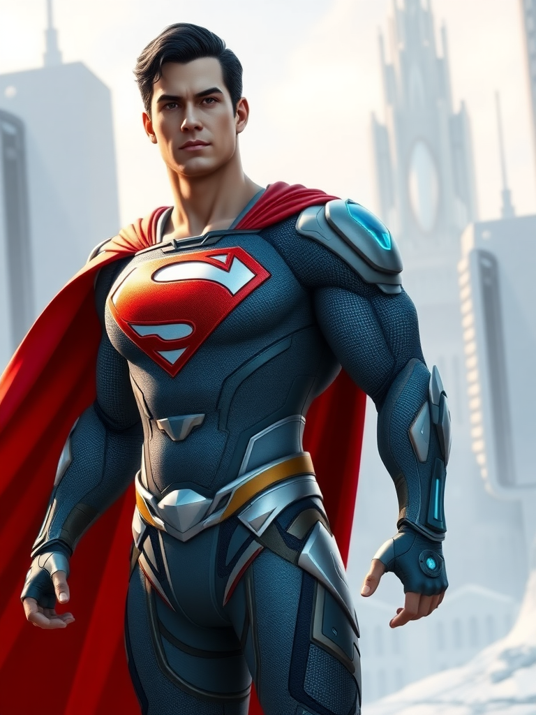 Create a full-length image of Superman with the body traits of Mei-Ling from Overwatch. Retain Superman's original head and face. Emphasize a muscular yet slightly more agile torso, with broader shoulders and a toned midsection reflecting Mei-Ling's physique. Keep Superman's core costume but add intricate, tech-inspired embellishments and elements from Mei-Ling's outfit, like subtle ice-blue accents and armored patches. The background should blend Metropolis's urban landscape with Mei-Ling's icy, scientific environment, creating a balanced setting that reflects both characters' worlds.