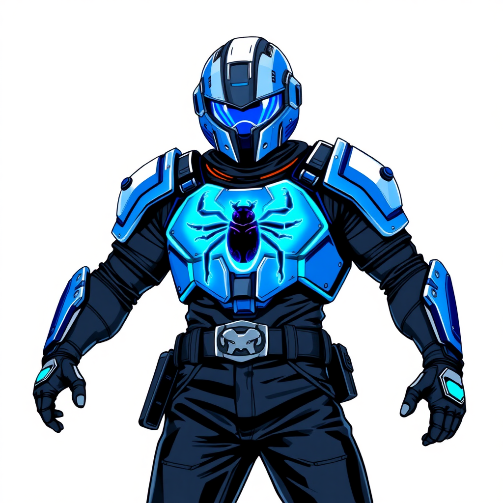 A young adult cyberpunk vigilante stands heroically, clad in high-tech, maximum blue body armor featuring a neon blue glowing beetle on the chest. They wear black biker pants, a black belt with a sapphire beetle buckle, and a helmet resembling a sleek, tactical design, but colored maximum blue with neon blue glowing lenses. Their hands are protected by black metal gloves, all set against a solid white background. He is drawn as if he was in a retro 2D cyberpunk fighting game.