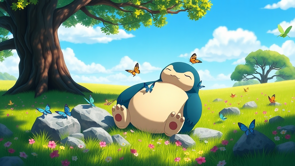 A digital illustration depicts a serene and relaxing scene set in a lush meadow under a bright blue sky with scattered white clouds. The central figure is Snorlax, a large, blue and white Pokémon character with a round body, closed eyes, and a content expression, sitting comfortably among rocks in a vibrant green grassy field. Snorlax's body is curved, and it rests its head on one of the gray rocks, with sunlight creating shadows on its rounded belly. Its arms and legs are spread out, with lighter beige fur visible on its paws. The meadow is scattered with small, colorful flowers in shades of pink, purple, and blue, creating a tapestry of colors across the landscape. Several butterflies of various sizes and colors, including blue, yellow, pink, and light green, are seen fluttering around Snorlax and resting on the rocks and grass. One butterfly is perched on Snorlax's head, while another is on its belly. The background features two large trees with thick, dark brown trunks and branches extending overhead, their leaves depicted in various shades of forest green, creating a canopy of shade. The sky above is clear and light blue, with soft, white clouds. The scene is brightly lit by natural sunlight, casting soft shadows and highlighting the vibrant colors of the landscape. The overall mood is peaceful and idyllic, enhanced by the high contrast, saturation, luminance, and the balanced exposure of the image. The composition follows the rule of thirds, with Snorlax placed slightly off-center to the left, creating a harmonious and visually appealing image that captures the essence of a tranquil moment in nature.