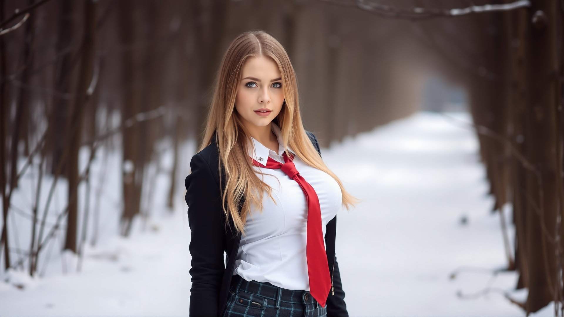 photo,1 russian beautiful girl,huge breasts,slim,white skin,24 years old,full body,outdoor,snow,school uniform