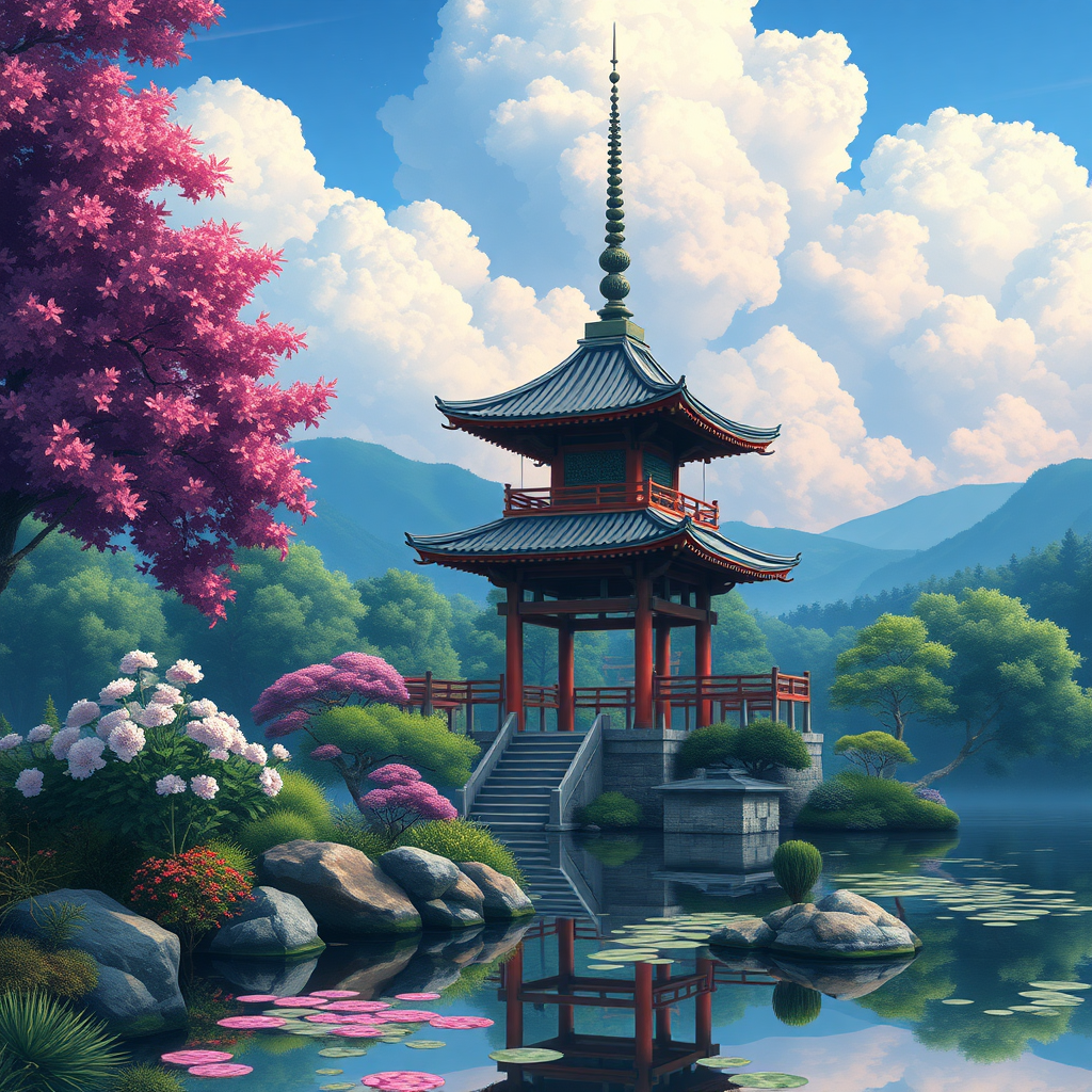 painting of a pagoda in a japanese garden with a pond, anime key visual of elegant, dan mumford and thomas kinkade, beautifull puffy clouds. anime, anime visual of a cute cat, the gates of heaven, digital art - w 640, anime vibes, 2 0 1 9 anime, けもの, heavens gate, beautiful serene landscape