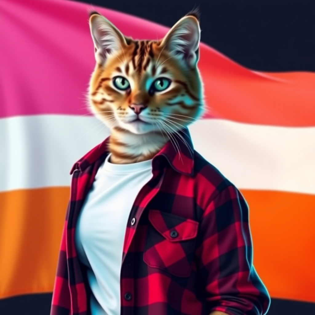 female cat-man in chestnut color with, behind, a flag with horizontal colors pink/light pink/white/light orange/orange, colors in that order, wearing an open red and black plaid shirt over a white t-shirt, in digital art