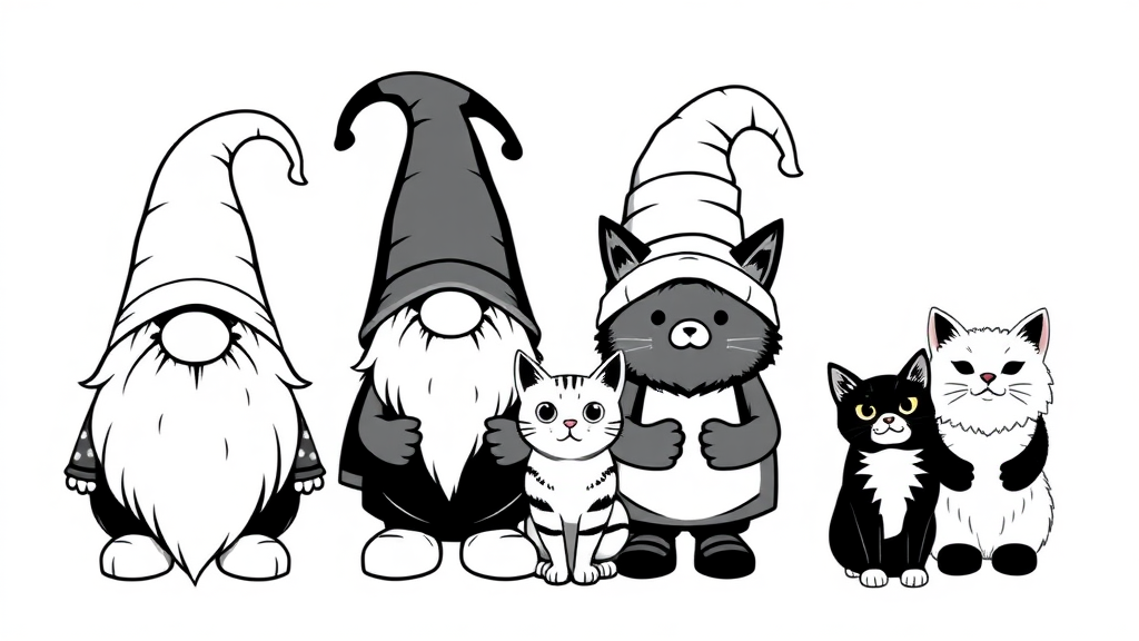 A happy Gnome family of 4 with 2 bengal cats. 
Black and White - no gradients or greys. Vector style, isolated on white