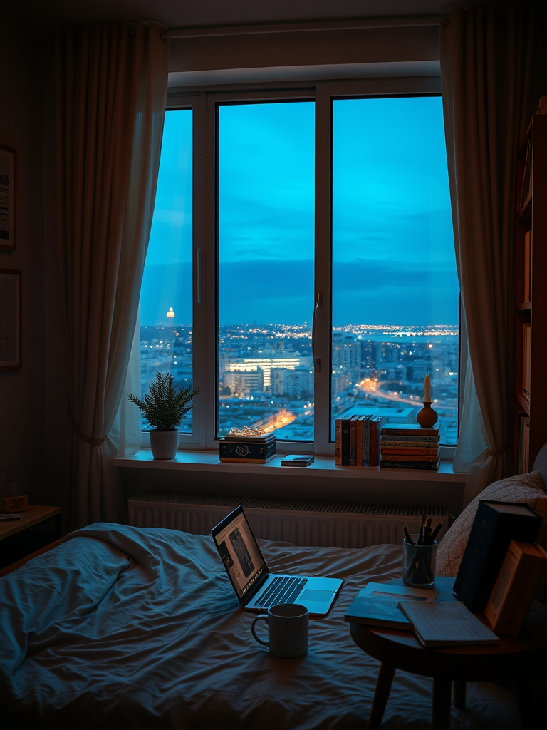 On a tranquil night, a large window allows a sliver of city lights to seep through thick curtains, illuminating a room brimming with life. Inside, there's a comfortable bed, and on the bedside, an open laptop displays a working interface. The walls are adorned with various decorations, and a bookshelf is filled with books. A small table is scattered with assorted items, such as a mug, a pen holder, and a photo frame. The entire room is rich in detail, with warm colors that reveal the occupant's personality and taste in life. Real, realistically true, realistic style.