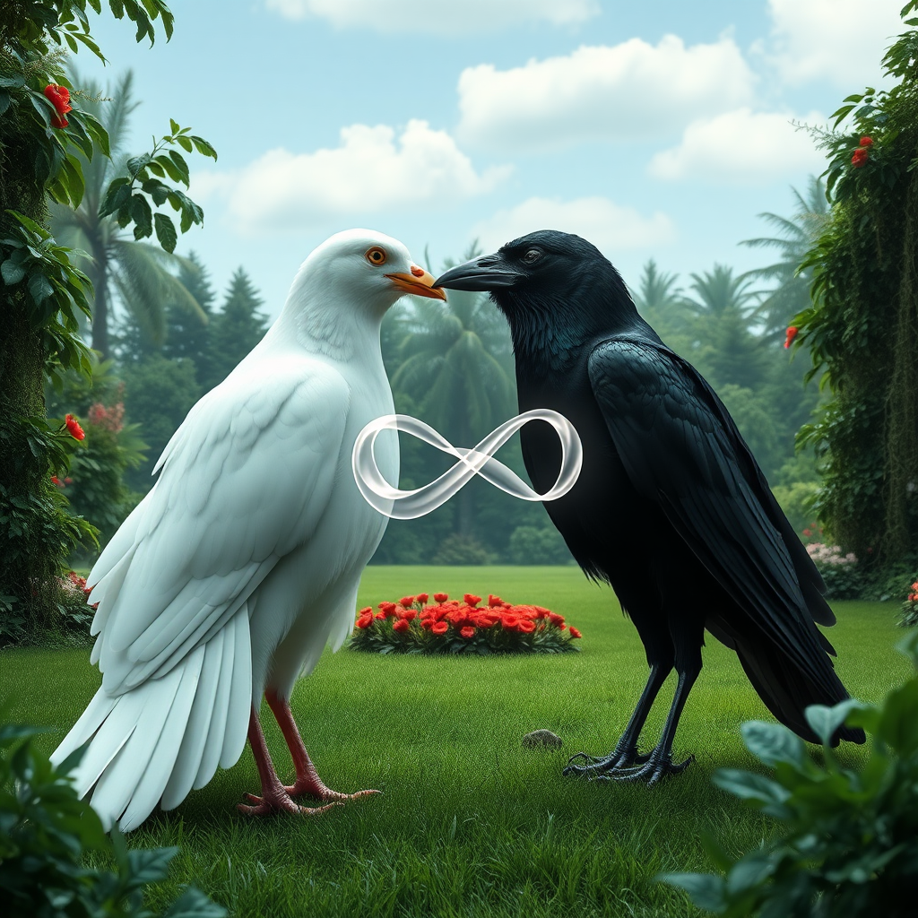 a huge white dove and a huge black crow standing facing each other within a clearing in an incredible lush garden. The beak of the dove is touching the beak of the crow, and there is an abstract infinity symbol of wavy, transparent light energy moving between the bodies of the two birds that connects at the mouth and spreads outward into the bodies