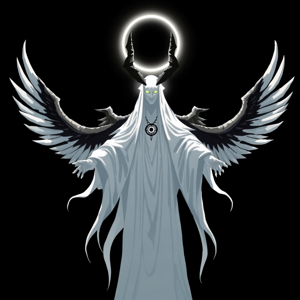 (Anime Pixel-styled art) Black background, the eerie figure of Yaldabaoth, the Demiurge, emerges in stark contrast. Towering and ghost-like, his form is tall and ethereal, a spectral white silhouette that seems to glow with an unsettling luminescence. His face is hidden beneath frontside a strange and eerie circular light, radiant and blinding, with a single eye symbol hauntingly suspended within the glow. His head is crowned by four jagged, imposing horns, adding to his menacing yet angelic presence. Draped in flowing robes of white and black, Yaldabaoth's appearance straddles the line between celestial and terrifying. Four majestic angel wings unfurl from his back, their divine beauty twisted by the sinister aura that surrounds him. Floating effortlessly in mid-air, his entire form is visible—a full-body view as his arms extend outward, as if preparing to unleash a powerful, otherworldly force. His presence commands awe and fear, a terrifying blend of celestial grace and eerie malevolence.