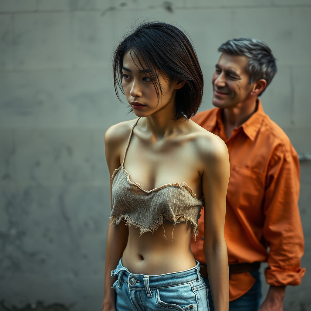 A young unkempt, neglected, homeless, unhygienic, unusually thin, almost anorexic Asian woman. Depicted as a whole person. Largely erotic, but with a sad and mystical expression on her face. The Asian woman wears a torn, old, transparent, very short, crop-top piece of fabric and a completely ripped, tattered, very old pair of shorts. Shame is evident in her very Asian eyes. Facing her is a 60-year-old German man. The good-looking German, appearing youthful and well-groomed, looks at the Asian woman as if he is offering her his help. The German man is clean-shaven and slim, has a normal fashionable haircut, his hair is dark brown, he wears a new, nice, simple orange shirt with a subtle pattern and new blue jeans. The German man looks sympathetic and smiles a little, looking kindly at the Asian woman as if she were his daughter. The Asian woman can hardly look the German man in the eye out of shame. The Asian woman's stomach is slightly "inward" due to hunger. Her navel is always visible. The Asian woman has a very beautiful, normal body shape. She has a very slight wound on her face. She looks like she is about to cry. She looks miserable, sad, and utterly hopeless!