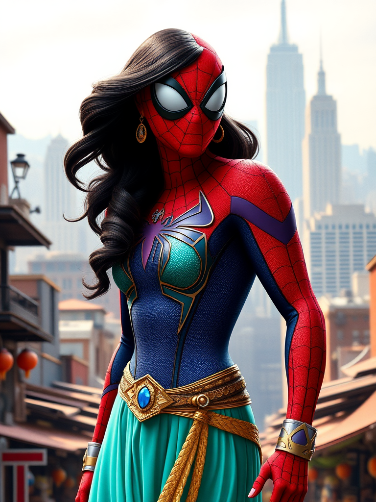 Generate a full-length rendered image of a hybrid character combining Princess Jasmine’s head and hair on a Spider-Man body. Retain Jasmine’s costume, adjusting it to fit Spider-Man’s proportions. Design the background by merging elements from Agrabah's vibrant markets and New York City's urban skyline, creating a seamless blend of both worlds. Capture the essence of both characters in a dynamic and visually striking composition.