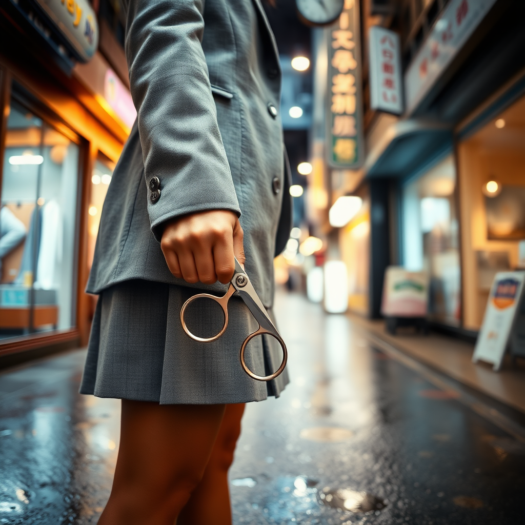 camera focuses on the lower portion of a Japanese businesswoman gripping a pair of long scissors that she holds pointed downward at her right side. She wears a grey blazer and a grey skirt and faces the camera. The lights from the shops in the alleyway glint off of the scissors. The lights from the shops in the alleyway are reflected in the rain puddles scattered on the asphalt of the ground.