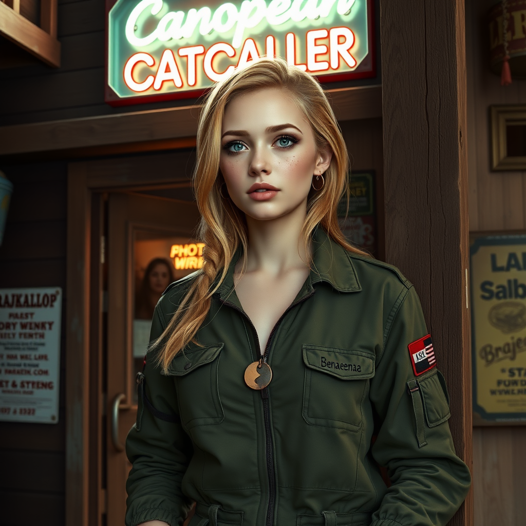 A twenty-something girl resembling Ana de Armas, strawberry blonde hair, small chest, pale skin, freckles, eyeshadow like Avril Lavigne. Wearing a military flightsuit with "Benaenae" on the pocket. Leaning against the wall in front of a bar in a science fiction western town. Neon sign with the words "Canopean Catcaller" above the door. Advertisement for something called "Brajkaisop".