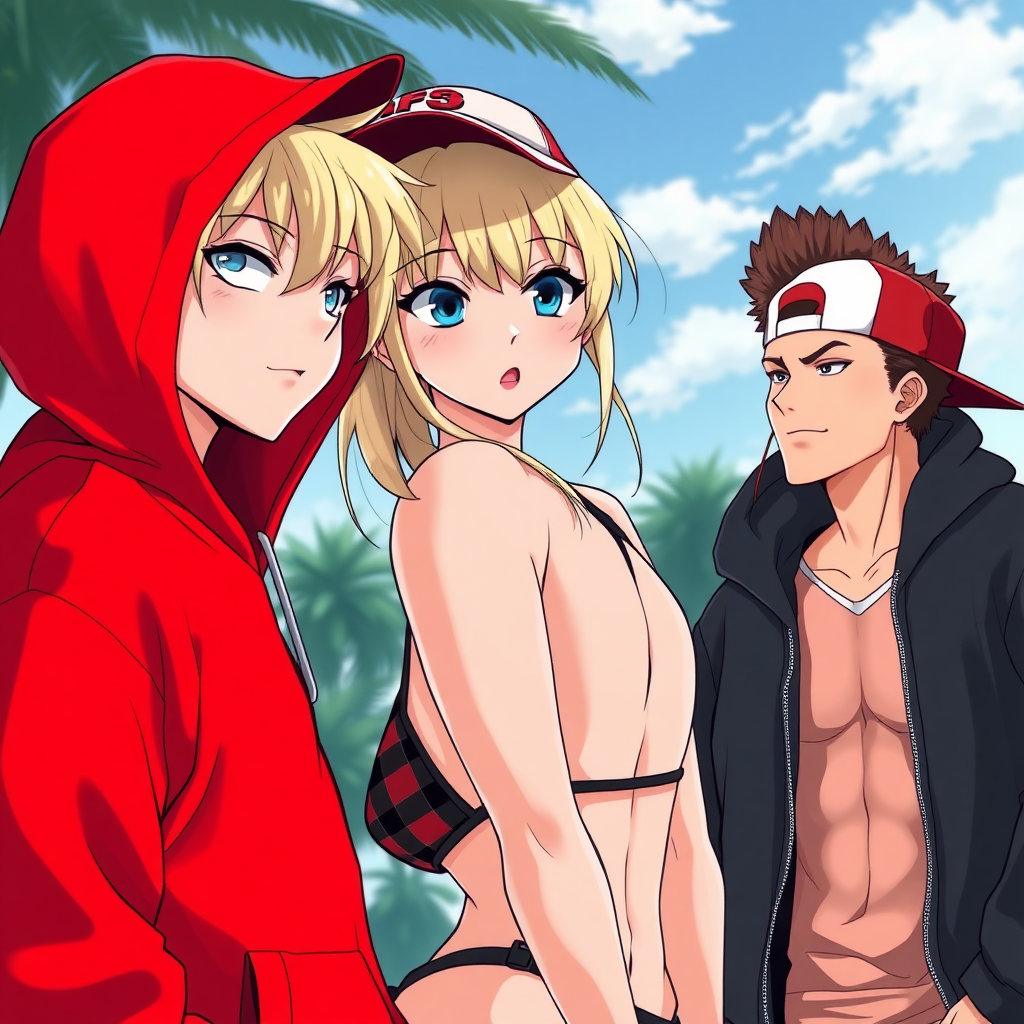 Anime art, scene on the back, 3 people, a white-ghetto blond girl with blue eyes wearing a black-micro bikini under a red bape hoodie with red lips, a handsome white latino male with a sideways cap and brown-dark fohawk hair.