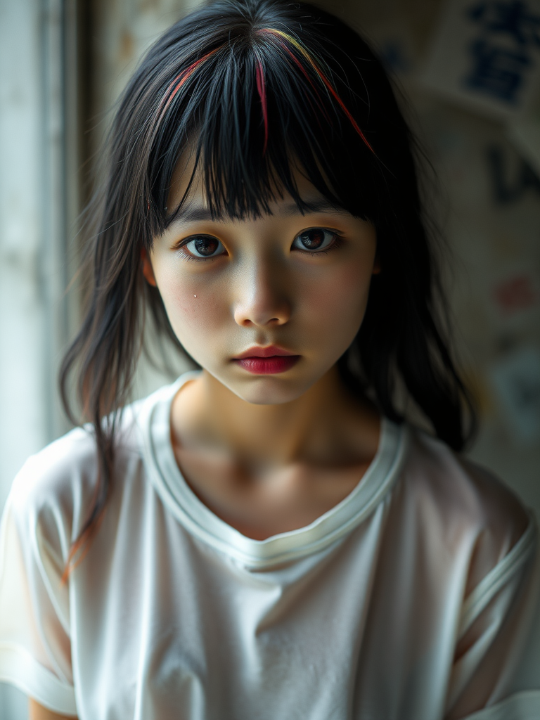 A beautiful homeless mysterious surreal Asian young girl in a very old, transparent white T-shirt, see-through, with black and rainbow-colored hair and red eyes, she is looking sad without hope in her eyes, crying one teardrop, heartbreaking.