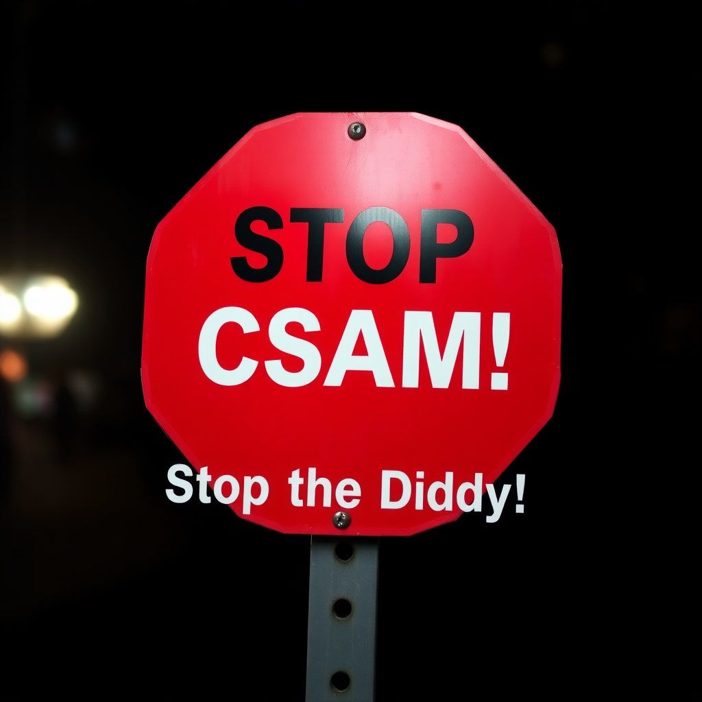 a red aggressive danger sign saying "Stop CSAM! Stop the Diddy!"