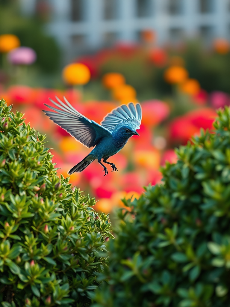 A realistic 4K scene of a Blue Bird flying low, gracefully maneuvering around bushes in a colorful garden while searching. The bird is depicted in vibrant detail, showcasing its feathers as it flits between the greenery, capturing the essence of determination and playfulness in this joyful moment.