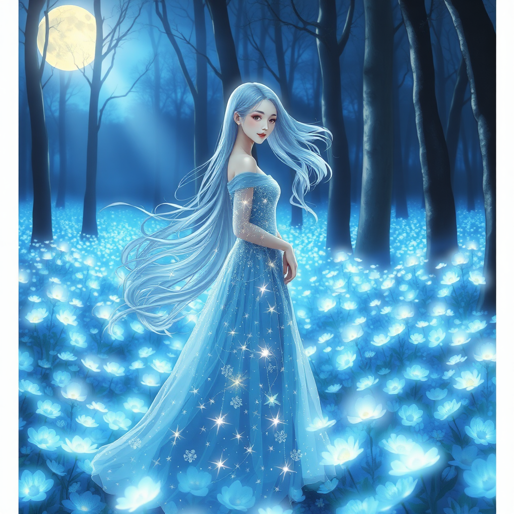 A magical, serene, and enchanting evening landscape of a forest glowing with soft and spiritual light. A young Japanese woman with flowing pale blue hair stands elegantly in the foreground, dressed in a shimmering gown adorned with dazzling stars and patterns of light. The background is filled with vibrant, luminous flowers in shades of blue and white, creating a delicate carpet of blossoms at her feet. Moonlight filters through the trees, casting gentle shadows and enhancing the dreamlike quality of the atmosphere. The overall aesthetic is a magical impressionism, evoking wonder and tranquility with a palette of deep blues, soft whites, and sparkling highlights.